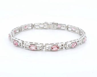 Natural Pink Tourmaline Bracelet-Oval Cut-925 Sterling Silver-October Birthstone-Link Bracelet-Tennis Bracelet-