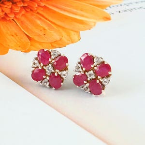 Natural Oval Ruby Flower Stud Earrings – Sterling Silver-November Birthstone