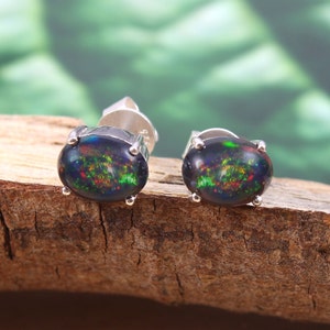 Natural Ethiopian Black Opal Studs-Oval Cabochon Studs-Amazing Colorful Fire Opal- October Birthstone- 925 Sterling Silver-Hand Made Jewelry