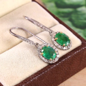 Pendiente de esmeralda natural de Zambia, pendiente de corte ovalado con plata de ley 925, joyería de esmeralda, regalo de compromiso, piedra natal de mayo, pendiente colgante