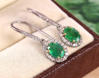 Zambian Emerald Earrings, Oval Cut, Sterling Silver Dangle, May Birthstone
