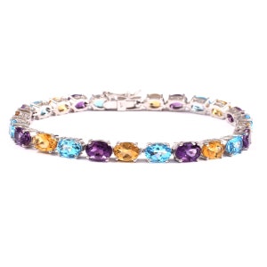 Pulsera de topacio azul suizo natural, amatista y citrino de corte ovalado, plata de ley 925, con múltiples piedras, cadena de tenis y pulsera de compromiso.