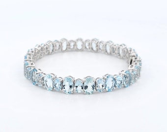 Natural Aquamarine Bracelet-Oval Cut-Tennis Bracelet-925 Sterling Silver-March Birthstone-Prong Set