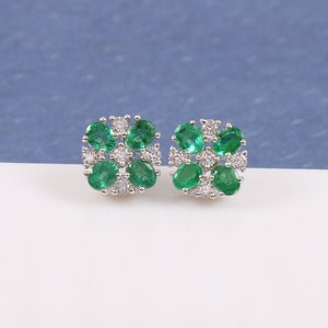Pendientes de esmeralda natural y topacio blanco - Esmeralda de corte ovalado - Pendientes de flor - Pendientes de esmeralda natural - Plata de ley 925 - Piedra de nacimiento de mayo