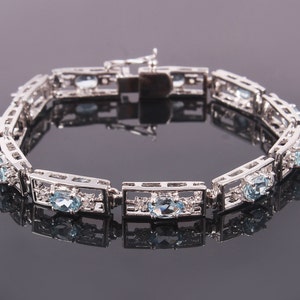 Natural Aquamarine Bracelet-Oval Cut Aquamarine-925 Sterling Silver-Aquamarine Tennis Bracelet-March Birthstone-Link Bracelet-Chain Bracelet