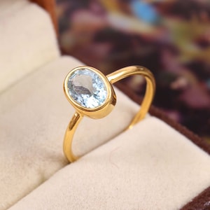 Natural Aquamarine Ring-925 Sterling Silver With Gold Plated-Oval Cut Aquamarine Ring-Simple Aquamarine Ring-March Birthstone-Stackable Ring