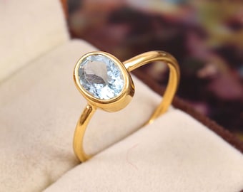 Natural Aquamarine Ring - Gold Plated - 925 Sterling Silver - March Birthstone - Daily Wear Jewelry