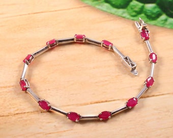 Natural Ruby Bracelet-925 Sterling Silver-Oval Cut-July Birthstone-Handmade Jewelry-Prong Set