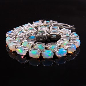 Natural White Opal Bracelet - 925 Sterling Silver Oval Cabochon Tennis Bracelet - October Birthstone Jewelry