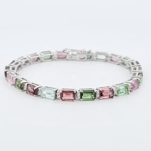 Natural Multi Tourmaline Bracelet-October Birthstone-Emerald Cut Tourmaline-Tourmaline Tennis Bracelet-925 Silver Bracelet-Chain Bracelet