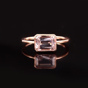 Natural Morganite Ring-Emerald Cut Morganite Ring-Simple Morganite Ring-925 Sterling Silver-AAA+ Quality Morganite Rose Gold Plated Ring