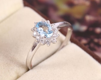 Natural Aquamarine Ring-Oval Cut-925 Sterling Silver-Flower Ring - March Birthstone-Halo Ring