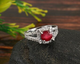 Natural Ruby Engagement Ring - Halo - 925 Sterling Silver