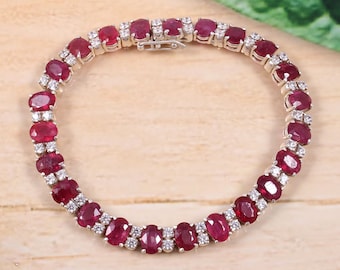 Pulsera de rubí natural - Piedra de rubí de corte ovalado brillante - Pulsera de compromiso - Joyería de rubí - Joyería hecha a mano - Plata de ley 925 - Pulsera de tenis