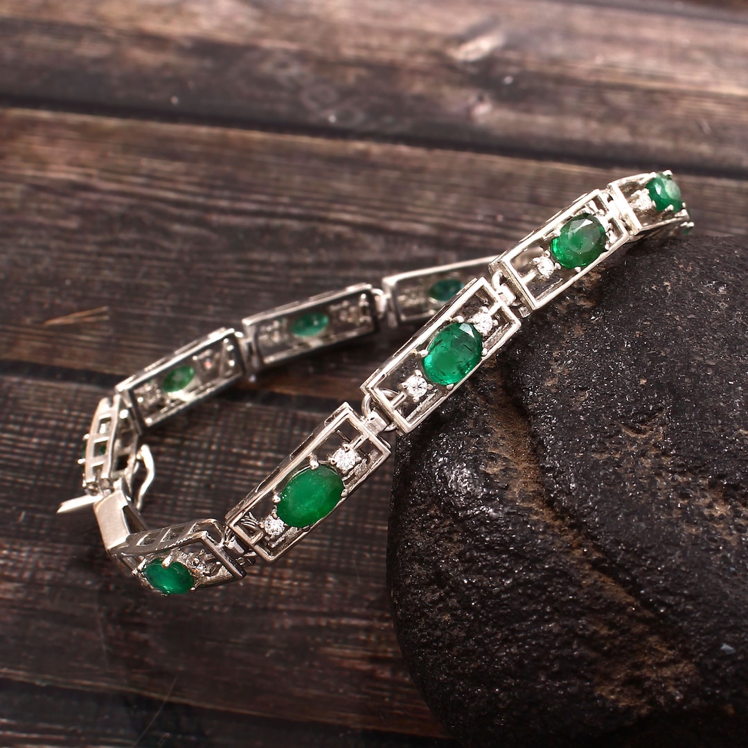 Natural Zambian Emerald Bracelet-diamond Accents-925 Sterling Bracelet ...
