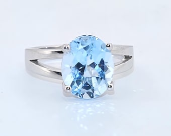 Natural Blue Topaz Ring-Oval Cut-6ct Stone-925 Sterling Silver-Statement Ring-Prong Set