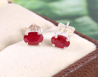 Pendientes de rubí ovalados naturales: piedra preciosa natural, plata de ley (7 x 5 mm)