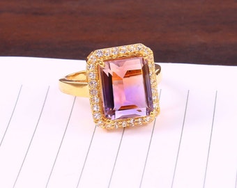 Anello con ametrina naturale di grandi dimensioni - Argento sterling 925 - Taglio smeraldo - Anello con alone - Pietra portafortuna di febbraio e novembre