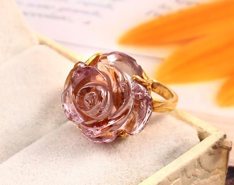 Amethyst Flower Ring, Sterling Silver, Rose Carving (13mm)