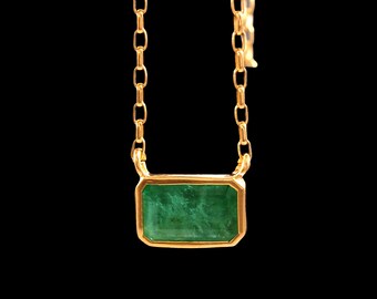 Natural Zambian Emerald Pendant Necklace-Emerald Cut-1.68ct Stone-925 Sterling Silver Necklace-Bezel Setting-