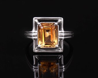 Natural Citrine Ring-Emerald Cut-November Birthstone-925 Sterling Silver-Prong Set