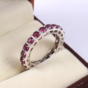 Natural Rhodolite Garnet Band Ring-Wedding Band Ring-925 Sterling Silver Ring - June Birthstone Jewelry - Brilliant Round Cut Gemstone Ring