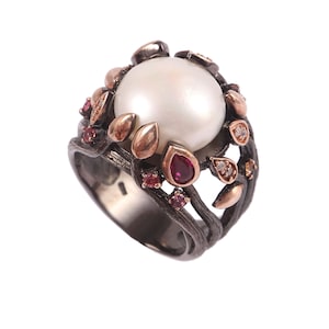 Natural Vintage South Sea Pearl-Ruby Ring-June Birthstone-Black Vintage and Rose Gold Plating-925 Sterling Silver -Elegant Design Pearl Ring