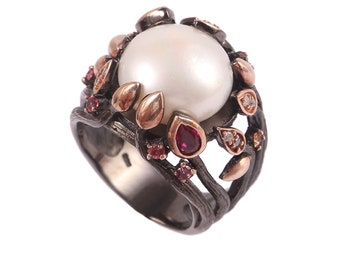 Natural Vintage South Sea Pearl-Ruby Ring-June Birthstone-Black Vintage and Rose Gold Plating-925 Sterling Silver -Elegant Design Pearl Ring