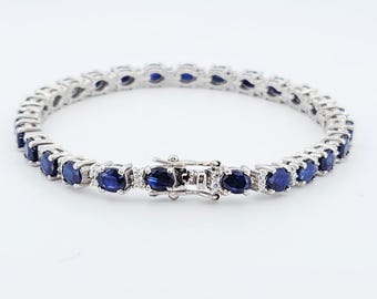 Natural Blue Sapphire Bracelet-White Topaz Accents-Oval Cut-925 Sterling Silver-Tennis Bracelet-Prong Set-November Birthstone