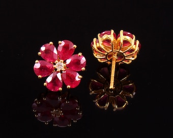 Natural Ruby Flower Stud Earrings – Diamond Accent - Sterling Silver - July Birthstone