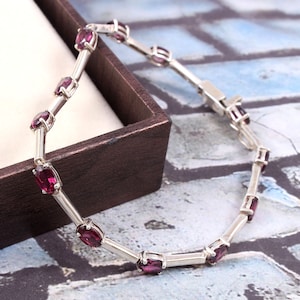 Natural Rhodolite Garnet Bracelet-Oval Cut Rhodolite Garnet Chain Bracelt-925 Sterling Silver-Rhodolite Garnet Link Bracelet-June Birthstone