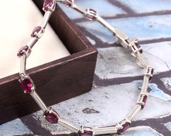 Natural Rhodolite Garnet Bracelet-Oval Cut-925 Sterling Silver-January Birthstone-Link Bracelet-Prong Set