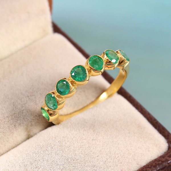Natural Zambian Emerald Band Ring-May Birthstone Band Ring-Round Cut Emerald-925 Sterling Silver-Engagement Ring-Emerald Promise Band Ring