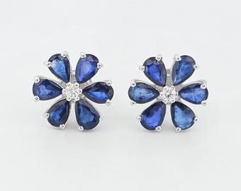 Natural Blue Sapphire Flower Studs – 925 Silver/14k Gold September Birthstone