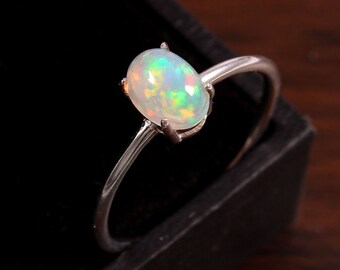 Natural Ethiopian White Fire Opal Ring-Oval Cabochon-925 Sterling Silver-October Birthstone