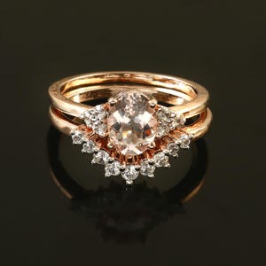 Natural Morganite Engagement Ring Set-Unique Oval Morganite Ring-Rose Gold Morganite-Curved Wedding Band, Anniversary Promise Ring Set