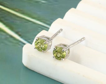 Natural Peridot Stud Earrings - 4mm Round Cut - Sterling Silver - August Birthstone