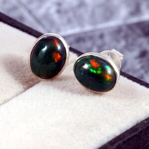 Natural Genuine Ethiopian Black Opal Studs-Oval Cabochon-Colorful Fire Opal Studs-October Birthstone-925 Sterling Silver-Fine Silver Studs