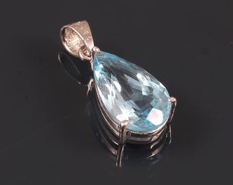 Natural Blue Topaz Pendant Necklace-Pear Cut-December Birthstone-925 Sterling Silver-Prong Set