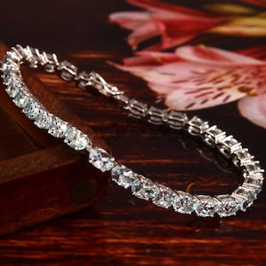 Aquamarin Armband-Natürliche Aquamarin Tennis Armband-Oval Cut Aquamarin-925 Sterling Silber-Engagement Armband-Rose vergoldet Armband