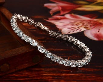Natural Aquamarine Tennis Bracelet-Oval Cut-925 Sterling Silver-March Birthstone