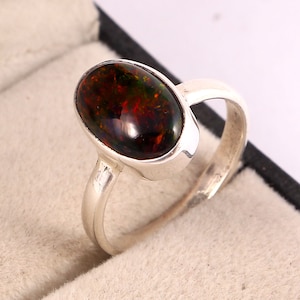 Natural Black Opal Ring - Oval Shape - Ethiopian Black Opal Ring-925 Sterling Silver Ring-Amazing Reddish Fire Opal Ring-October Birthstone