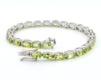 Natural Peridot Bracelet-Oval Cut Tennis Bracelet-925 Sterling Silver-Link Bracelet-August Birthstone