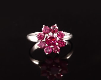 Natuurlijke Rhodoliet-granaatbloemring - rond geslepen-925 sterlingzilver - geboortesteen juni