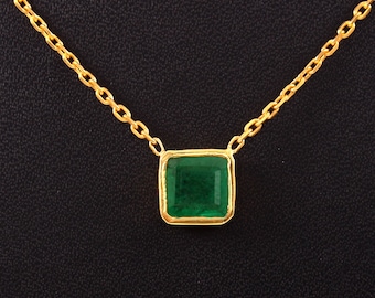 Natural Zambian Emerald Pendant – 3ct Cushion Cut, Sterling Silver Bezel Necklace
