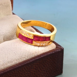 Natural Genuine Ruby Ring - Square Cut Ruby - Engagement Ring-Half Ruby Band Ring-925 Sterling Silver Ring-July Birthstone-Wedding Band Ring