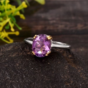 Natural Amethyst Ring-Oval Cut-Elegant Amethyst Ring-925Sterling Silver-Stackable Amethyst Ring-February Birthstone-Gold Prong Amethyst Ring