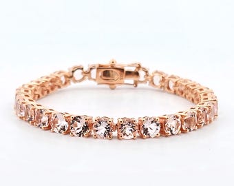 Natural Morganite Bracelet-Round Cut Bracelet-Rose Gold Morganite Bracelet-Morganite Tennis Bracelet-Silver Jewelry-Engagement Bracelet