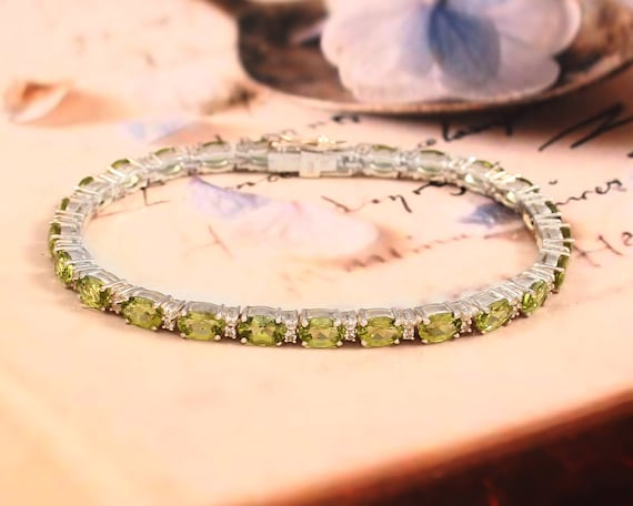 Natural Peridot Bracelet-925 Sterling Silver Bracelet-Hand Made Peridot  Tennis Bracelet-Peridot Bracelet-Link Bracelet-August Birth Stone