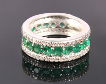 Elegant Natural Emerald Band Ring-Round Cut Emerald-925Sterling Silver-Wedding Band Ring-Emerald Jewelry-May Birthstone Band-Engagement Band